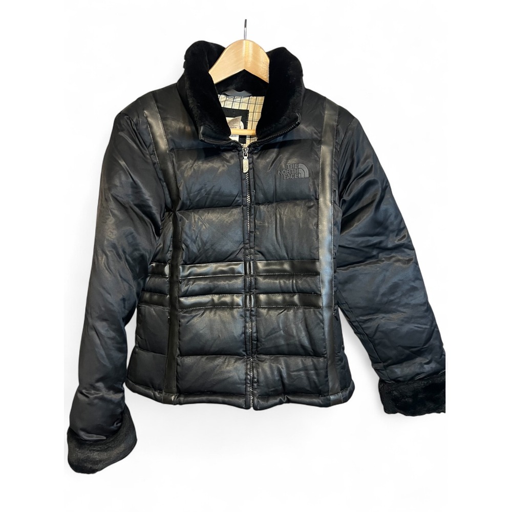 The North Face Womens Black Down Puffer Jacket Faux Fur Trim Plaid Lining Medium